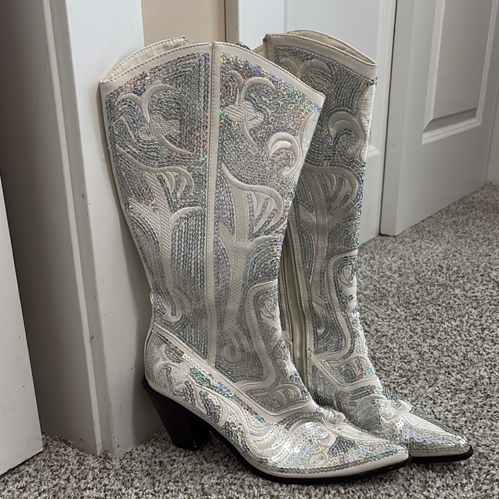 Women's White Sequin Western Heeled Boots